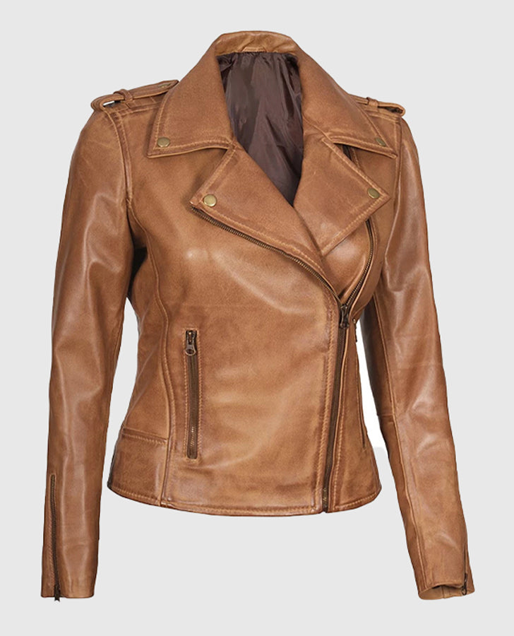 Kirsten Asymmetrical Camel Brown Real Leather Jacket
