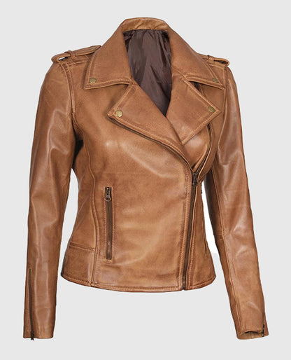 Kirsten Asymmetrical Camel Brown Real Leather Jacket