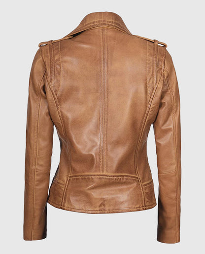 Kirsten Women's Asymmetrical Camel Brown Real Leather Jacket