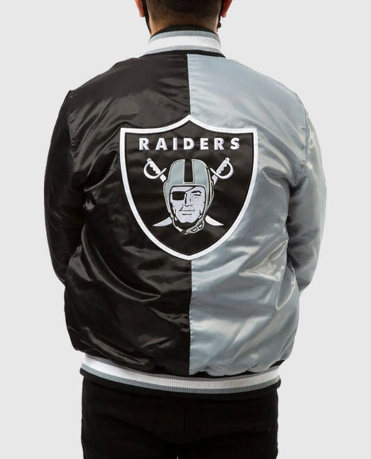 Las Vegas Raiders Black and Grey Bomber Satin Jacket