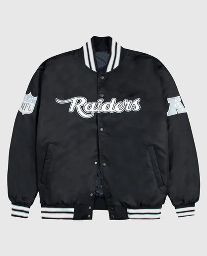 Las Vegas Raiders Gray and White Rib Bomber Black Jacket