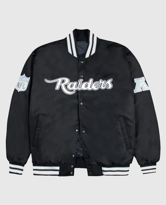 Las Vegas Raiders Gray and White Rib Bomber Black Jacket