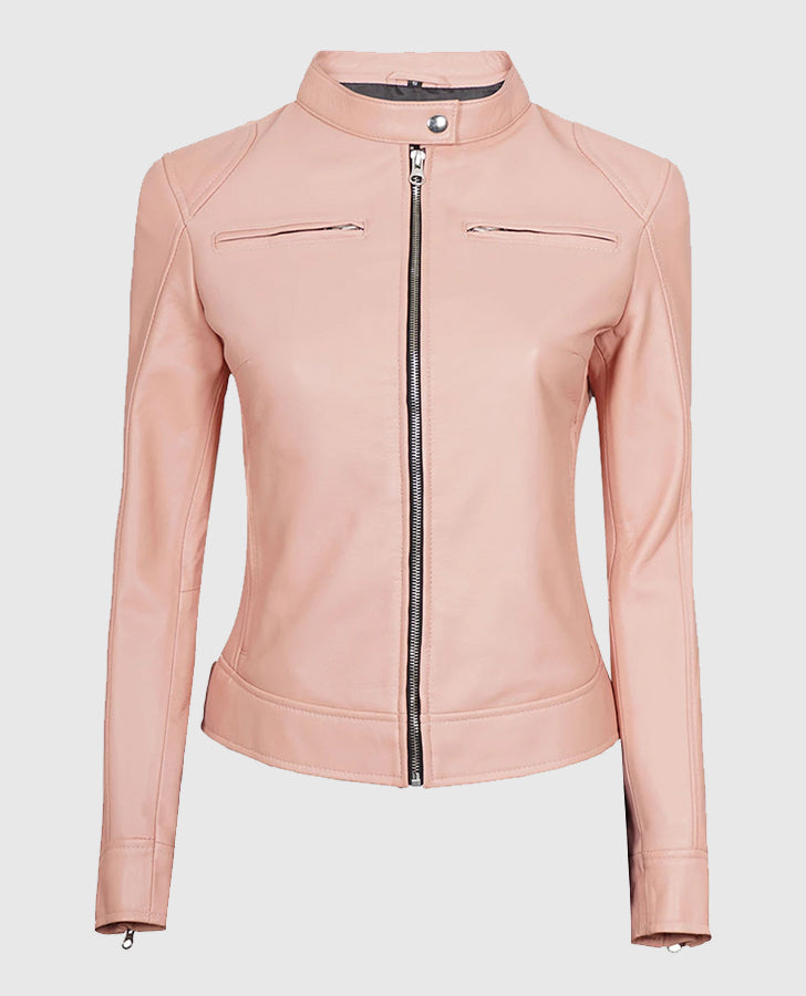 Light Pink Womens Cafe Racer Leather Jacket