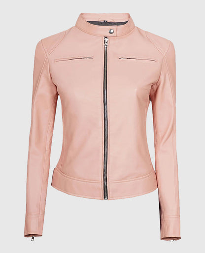Light Pink Womens Cafe Racer Leather Jacket