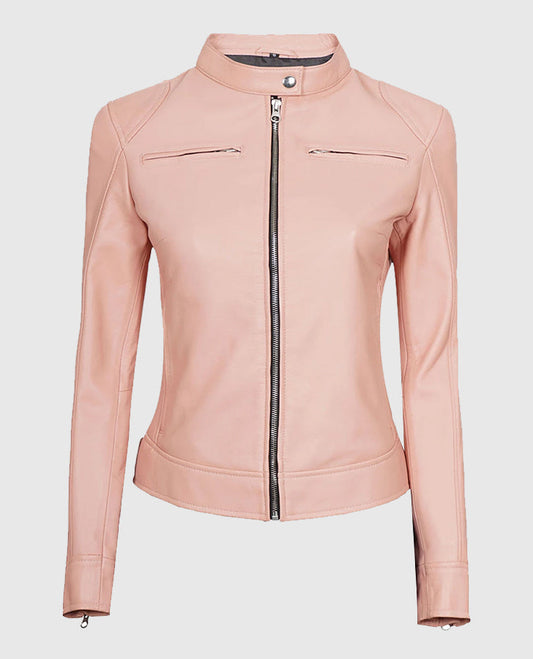 Light Pink Womens Cafe Racer Leather Jacket