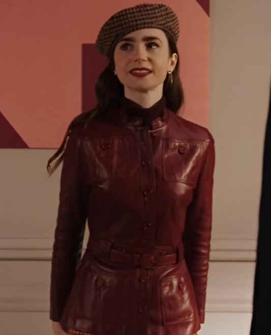 Lily Collins Emily in Paris S4 Red Leather Jacket