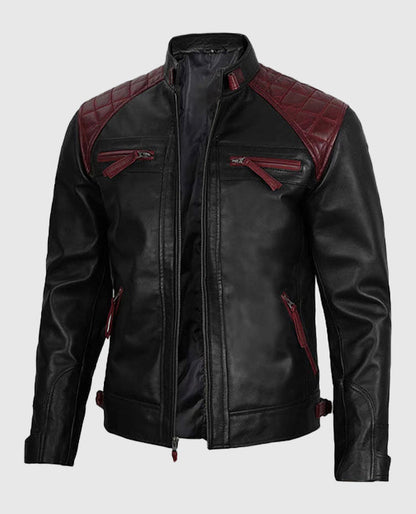 Men’s Quilted Cafe Racer Black & Maroon Leather Jacket