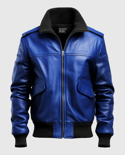 Men's Blue Leather Bomber Jacket