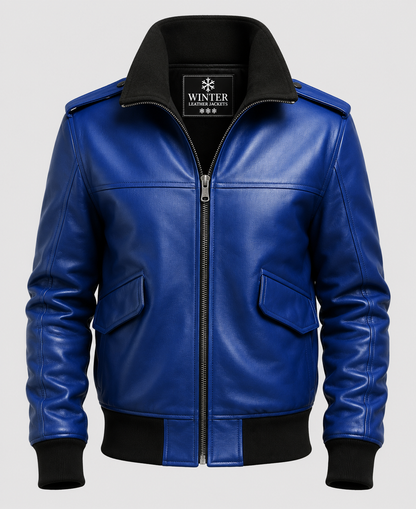 Men's Blue Leather Bomber Jacket