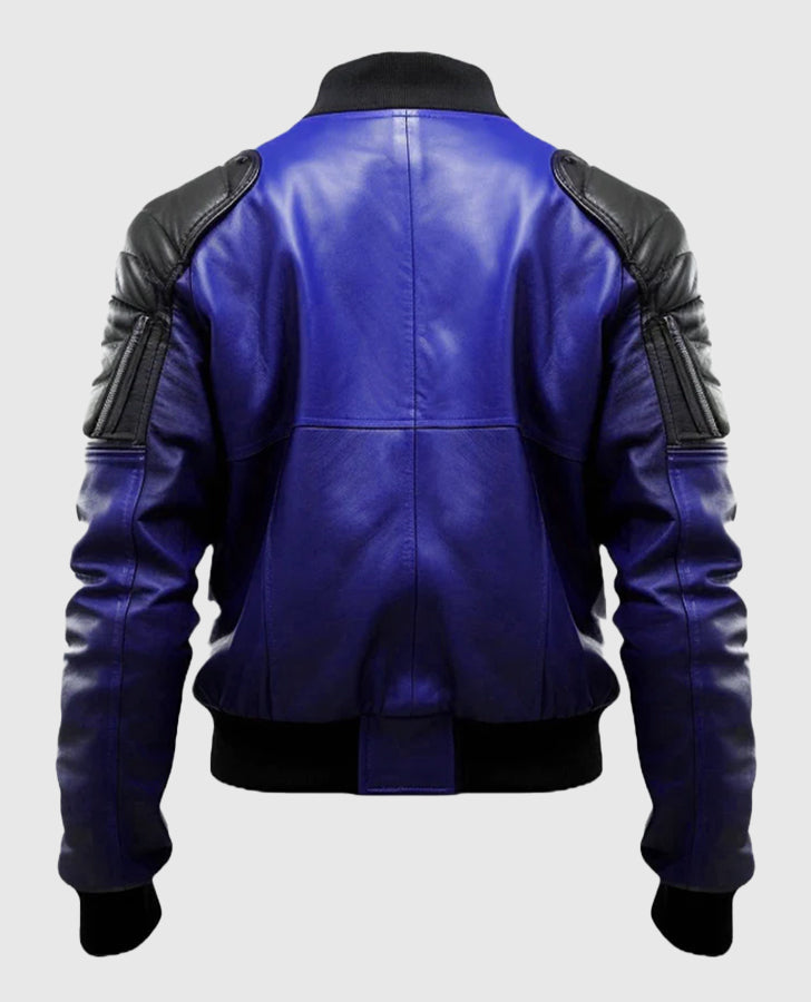 Men's Blue & Black Leather Bomber Jacket
