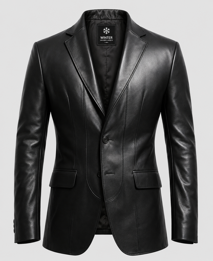 Men's 2 Button Black Leather Blazer