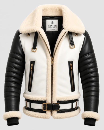 Men's Aviator B3 Bomber Black White Leather Jacket