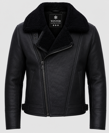 Men’s Aviator Black Leather Shearling Jacket
