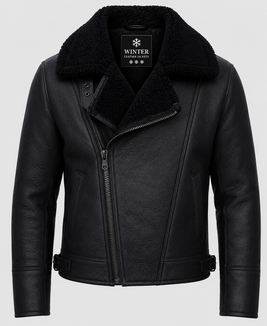 Men’s Aviator Black Leather Shearling Jacket