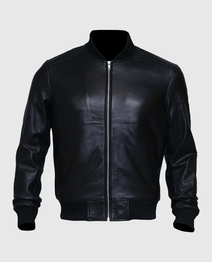 Men's Black Leather Bomber Jacket
