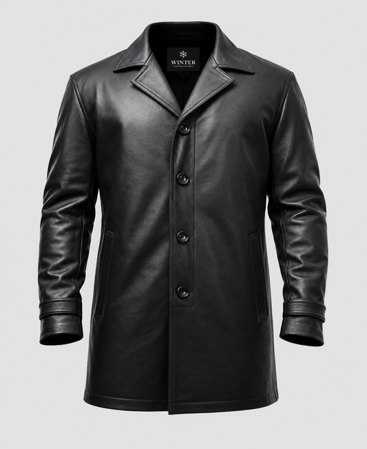 Men's Black Leather Car Style Coat