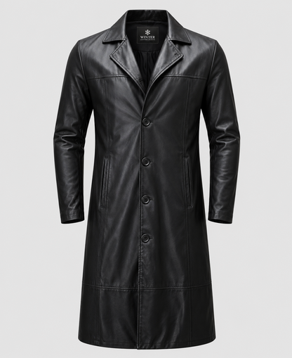 Men's Black Leather Long Coat