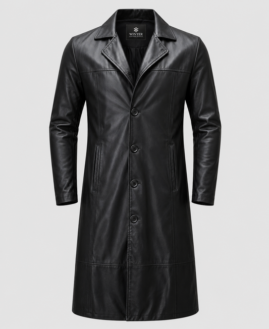 Men's Black Leather Long Coat