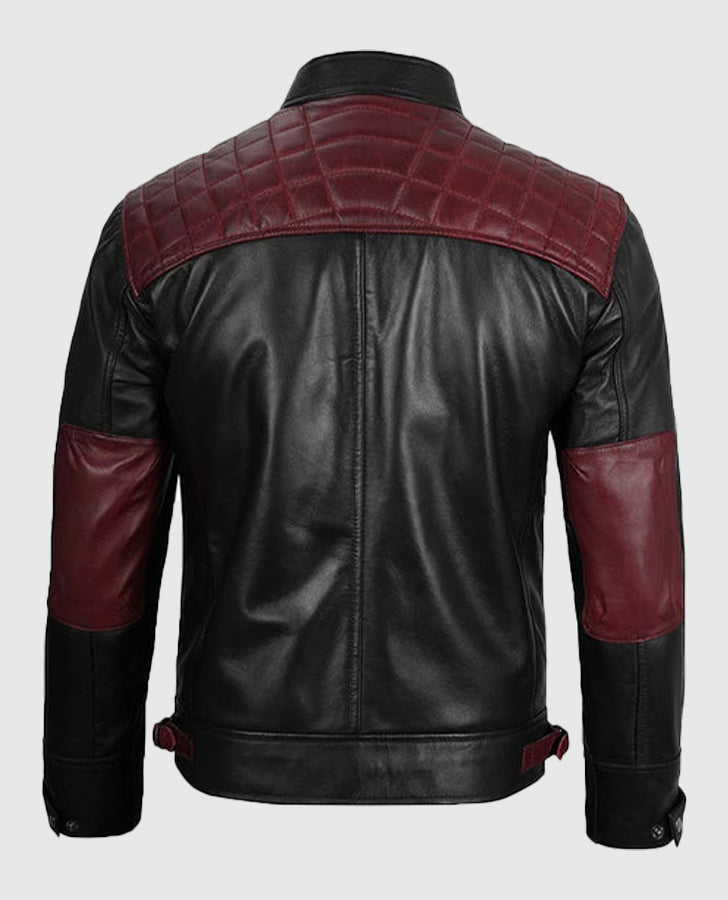 Men's Black & Maroon Quilted Cafe Racer  Leather Jacket