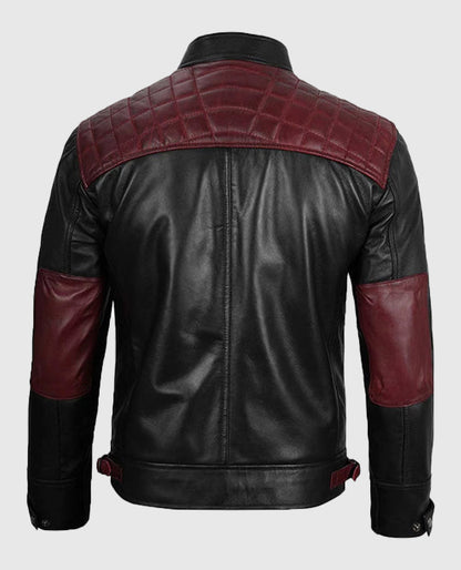 Men's Black & Maroon Quilted Cafe Racer  Leather Jacket