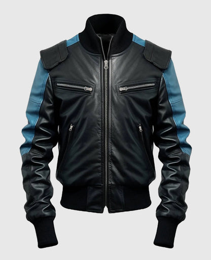 Men's Blue Black Bomber Leather Jacket