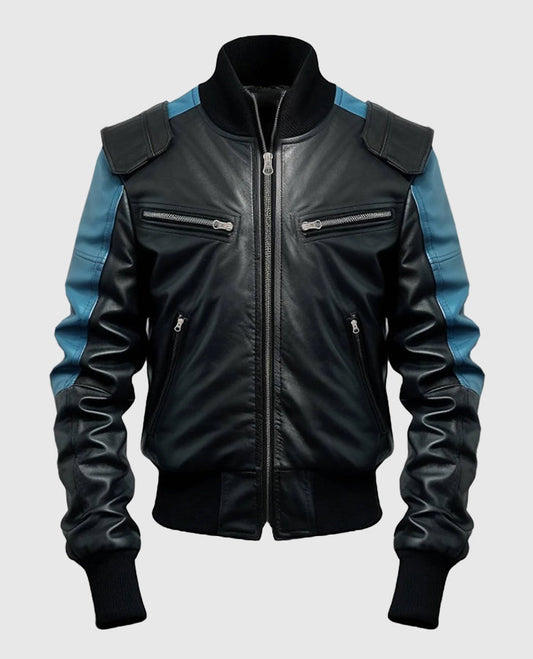 Men's Blue Black Bomber Leather Jacket