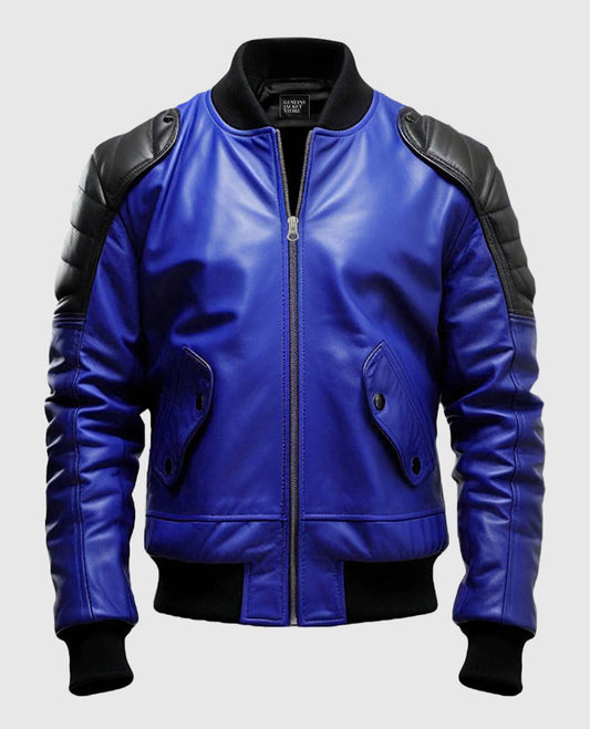 Men's Blue & Black Leather Bomber Jacket
