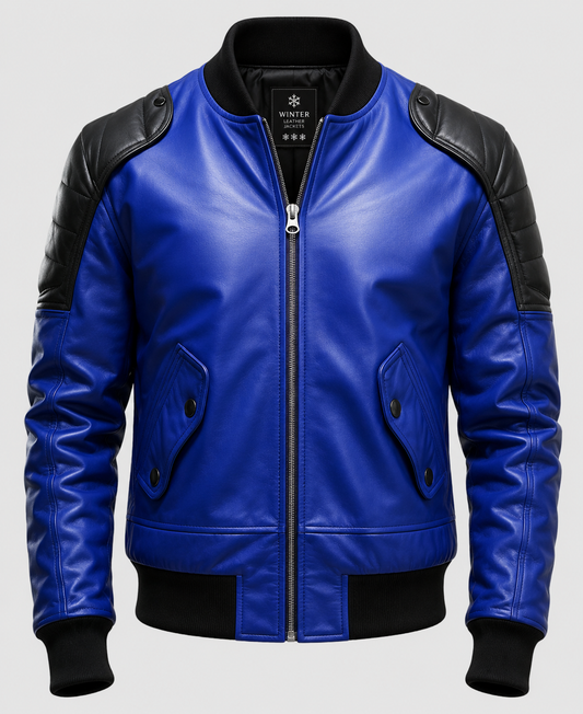 Men's Blue & Black Leather Bomber Jacket