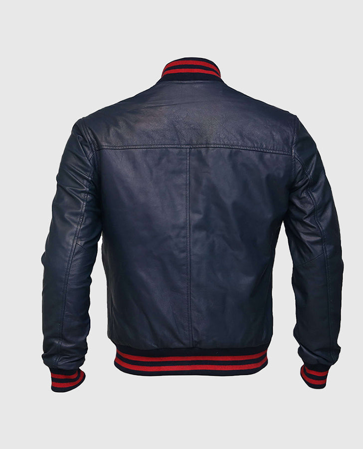 Men's Blue Leather Bomber Jacket