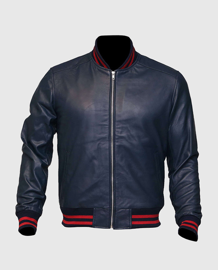 Men's Blue Leather Varsity Bomber Jacket