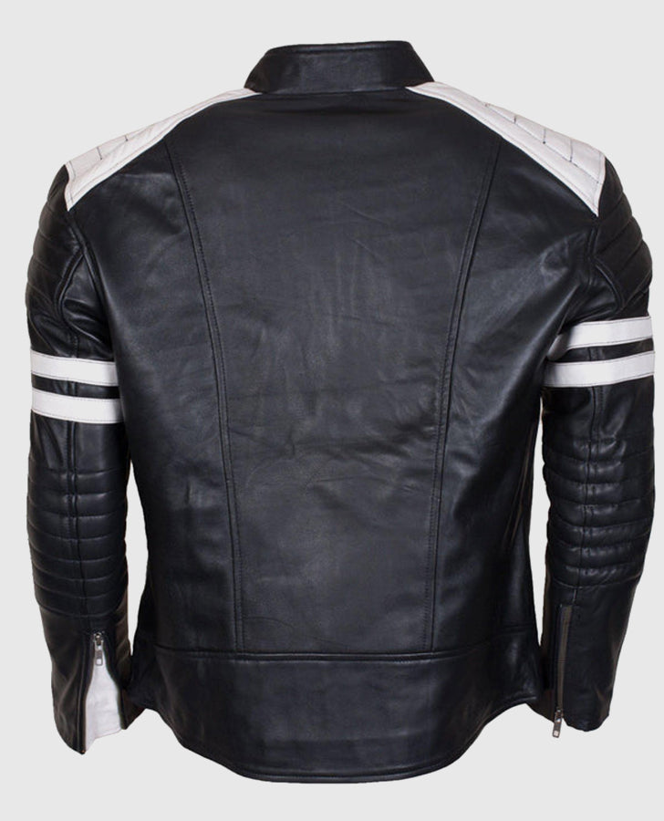 Men's Cafe Racer White Stripes Black  Leather Jacket