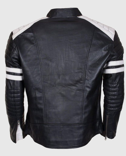 Men's Cafe Racer White Stripes Black  Leather Jacket