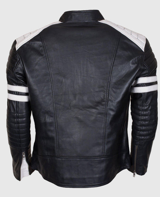 Men's Cafe Racer White Stripes Black  Leather Jacket
