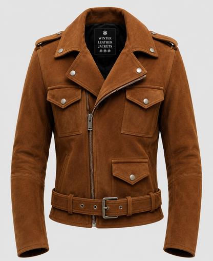 Men's Camel Brown Suede Leather Biker Jacket