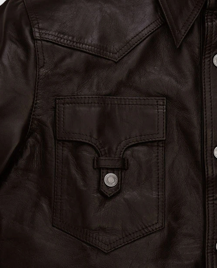 Men's Coffee Brown Shirt Collar Style Leather Jacket