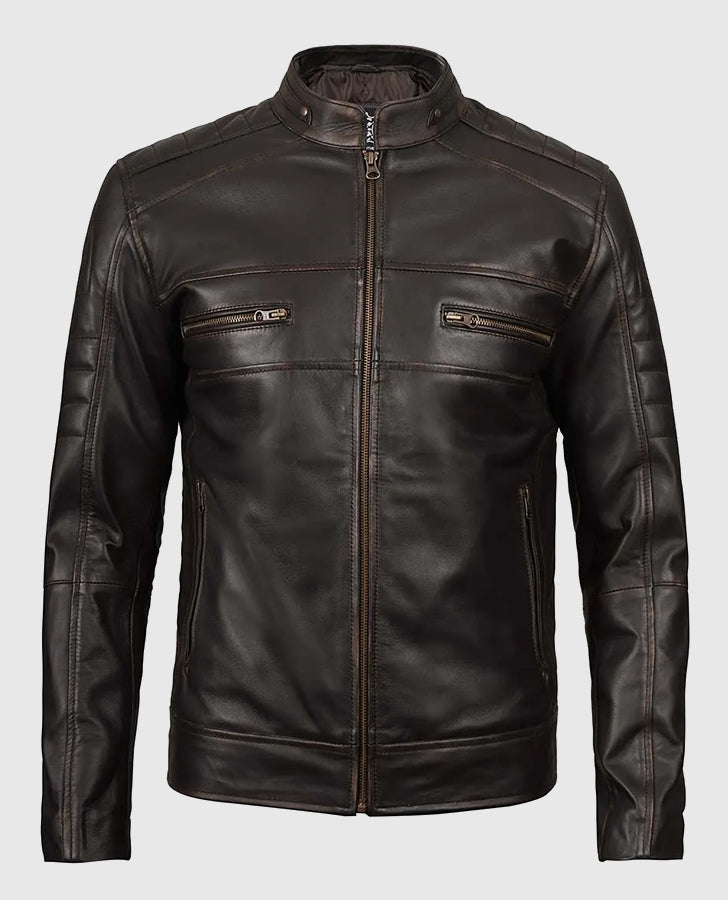 Men's Distressed Dark Brown Cafe Racer Real Leather Jacket
