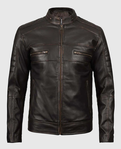 Men's Distressed Dark Brown Cafe Racer Real Leather Jacket