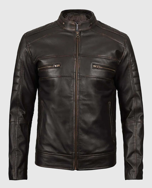 Men's Distressed Dark Brown Cafe Racer Real Leather Jacket