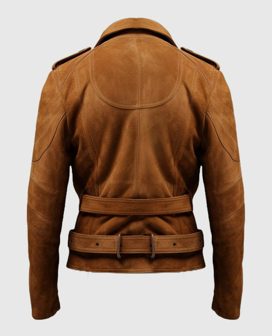 Men's Double Belted Brown Suede Leather Jacket
