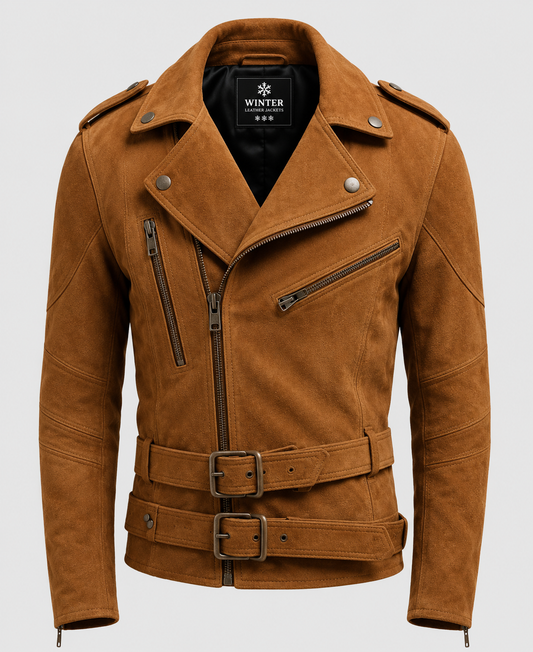 Men's Double Belted Suede Leather Biker Jacket