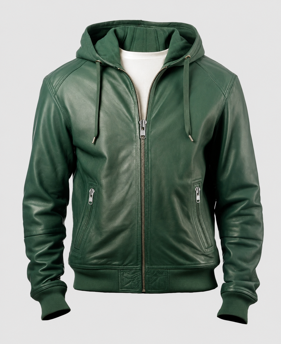 Men's Green Hooded Faux Leather Jacket