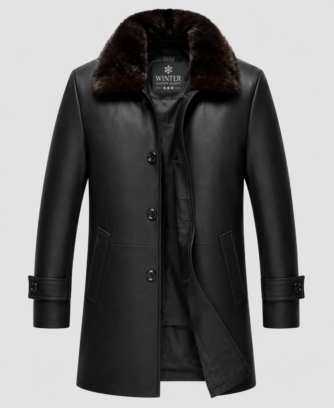 Men's Black Leather Coat With Shearling Collar