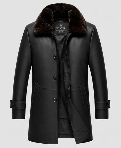 Men's Black Leather Coat With Shearling Collar
