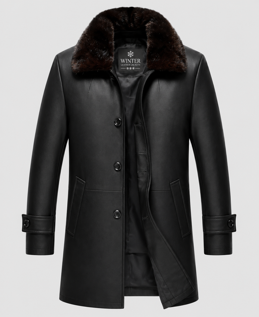 Men's Black Leather Coat With Shearling Collar