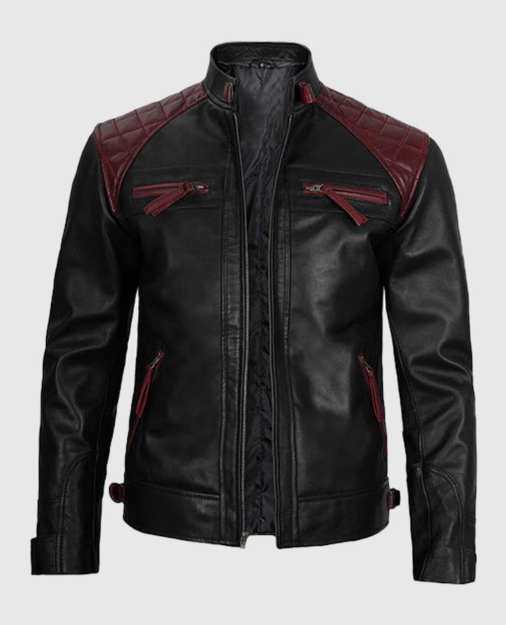 Men's Quilted Cafe Racer Black and Maroon Leather Jacket