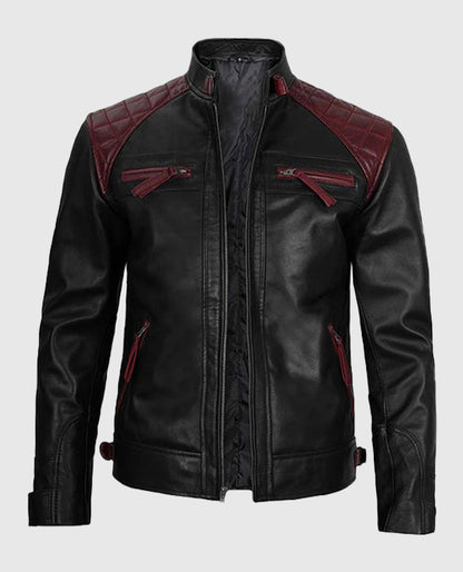Men's Quilted Cafe Racer Black and Maroon Leather Jacket