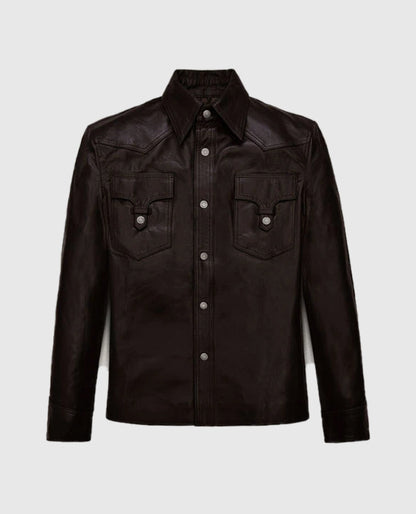 Men's Shirt Collar Style Coffee Brown Leather Jacket