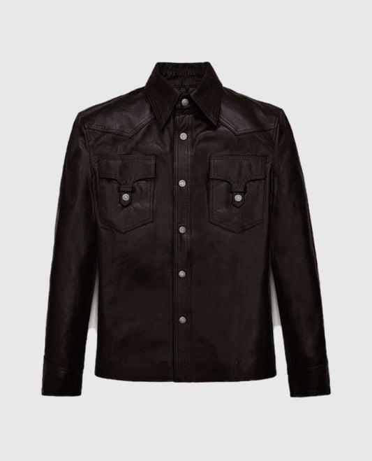 Men's Shirt Collar Style Coffee Brown Leather Jacket
