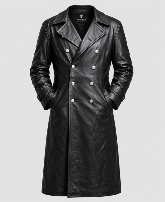 Men's Black Leather Trench Coat
