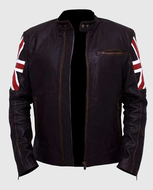 Men's UK Flag Cafe Racer Vintage Leather Jacket